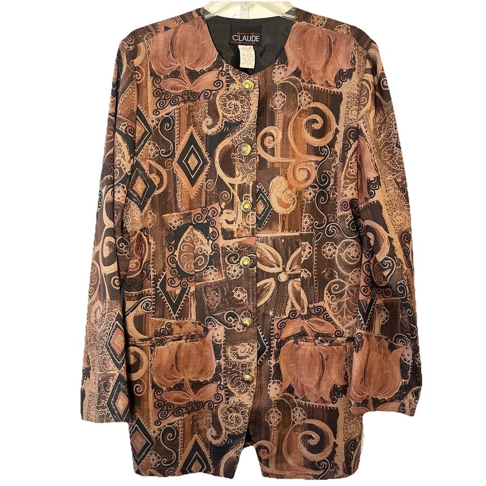 Vintage Claude 90s Abstract Print Blazer Jacket Brown Artsy Women 12